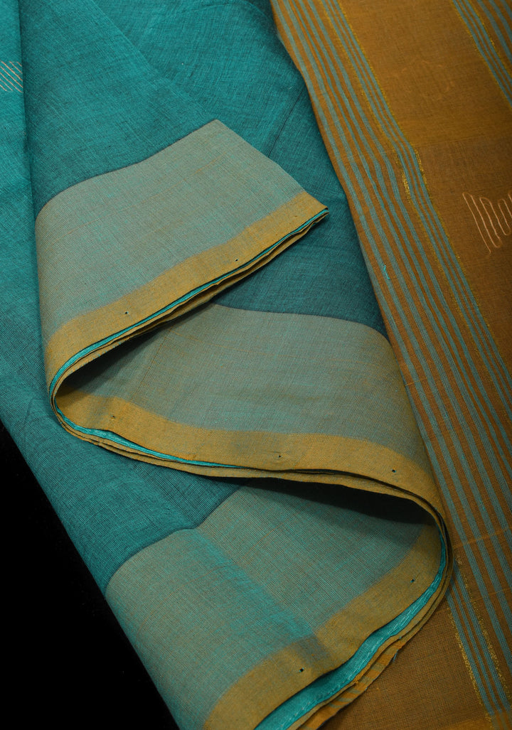 Aloe Vera - Kenaf Cotton Vegan Handloom Saree in Shades of Teal and Mustard Pallu