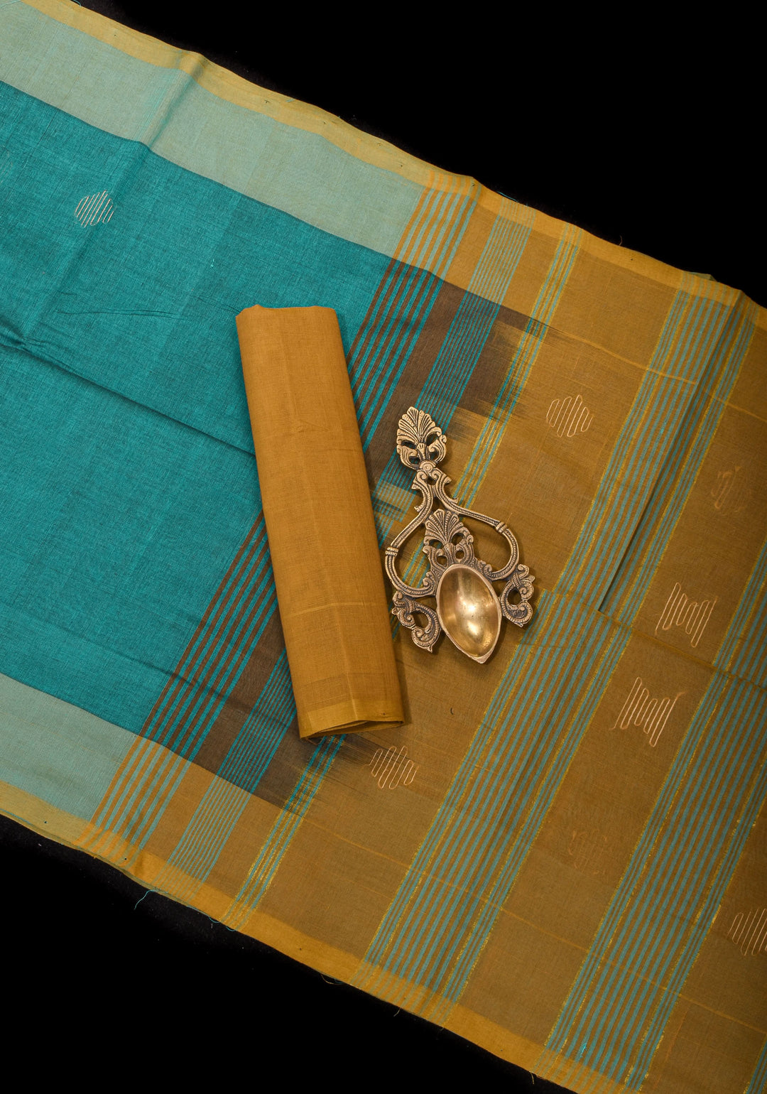Aloe Vera - Kenaf Cotton Vegan Handloom Saree in Shades of Teal and Mustard Pallu