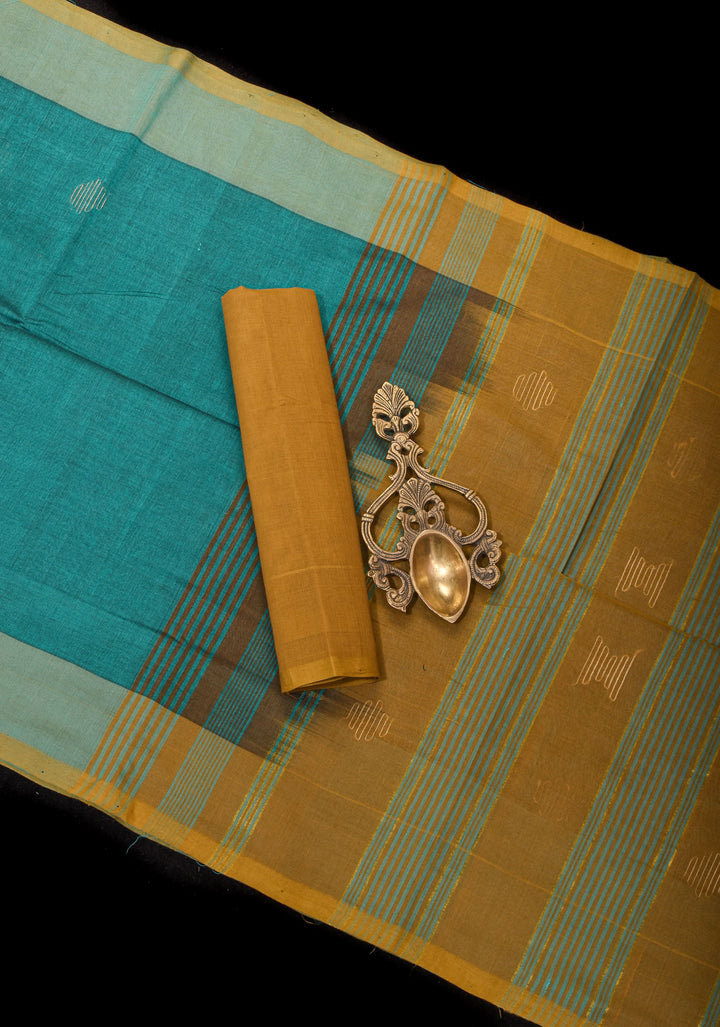 Aloe Vera - Kenaf Cotton Vegan Handloom Saree in Shades of Teal and Mustard Pallu