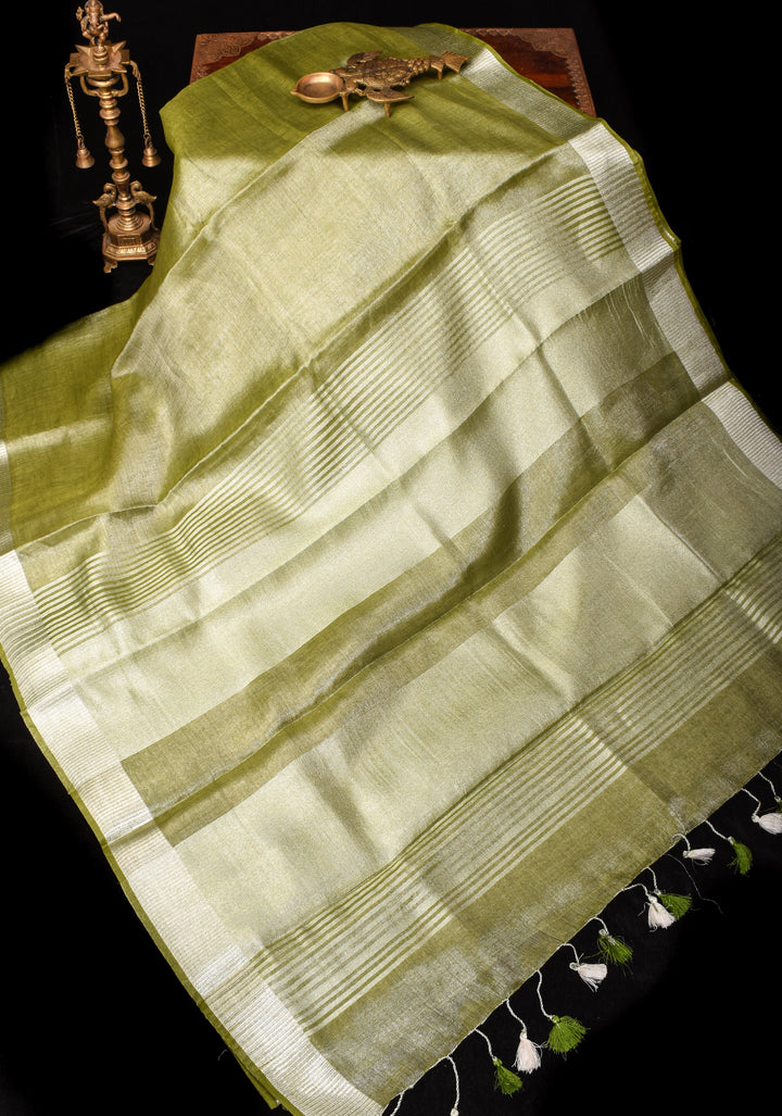 Henna Green and Silver Tissue Linen Saree