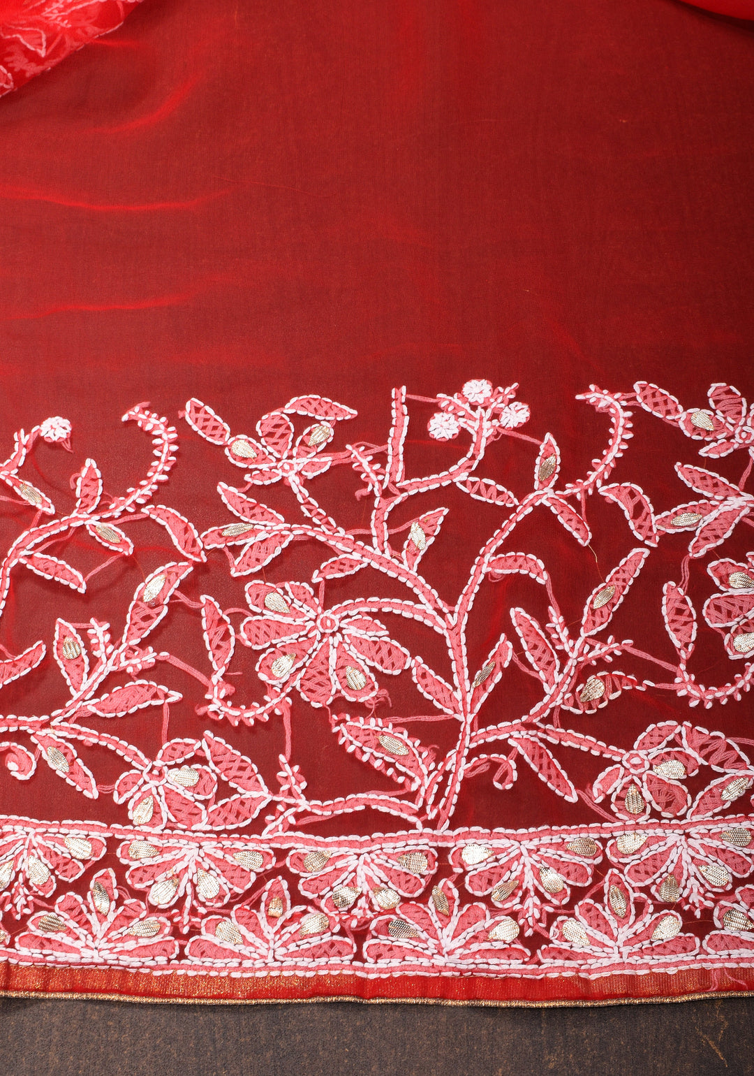 Red Hand-Embroidered Chikankari Georgette Saree with Full Jaal and Gotta Work