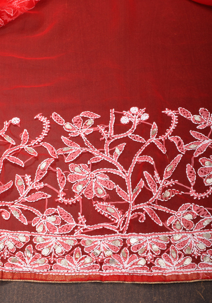 Red Hand-Embroidered Chikankari Georgette Saree with Full Jaal and Gotta Work
