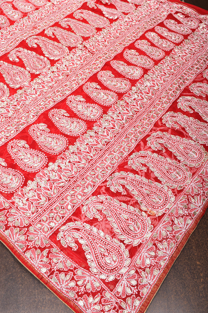 Red Hand-Embroidered Chikankari Georgette Saree with Full Jaal and Gotta Work