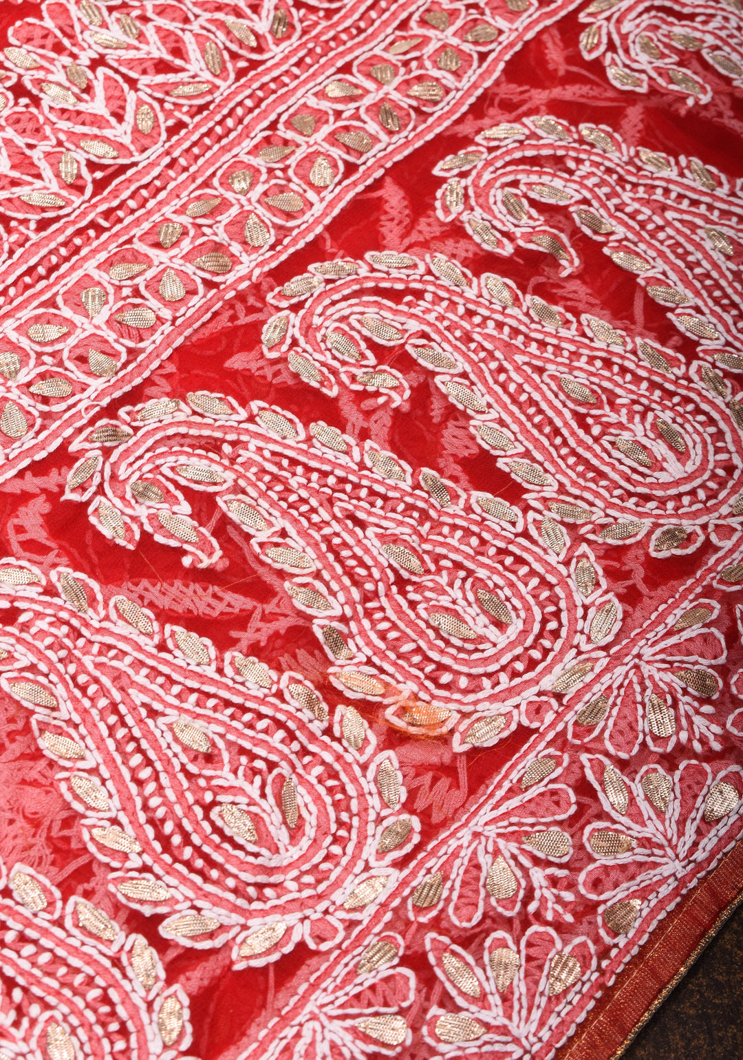Red Hand-Embroidered Chikankari Georgette Saree with Full Jaal and Gotta Work