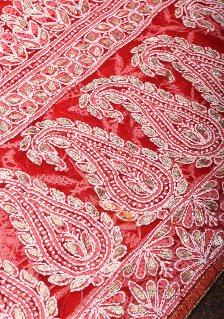 Red Hand-Embroidered Chikankari Georgette Saree with Full Jaal and Gotta Work