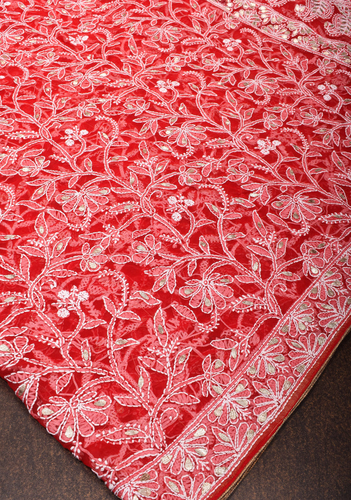 Red Hand-Embroidered Chikankari Georgette Saree with Full Jaal and Gotta Work