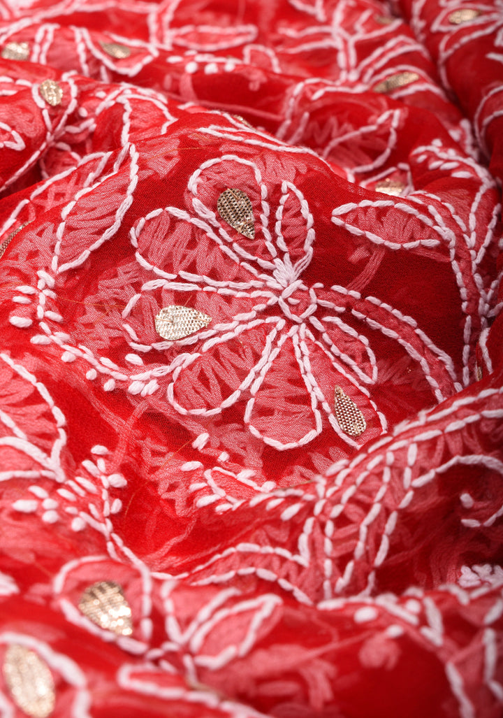 Red Hand-Embroidered Chikankari Georgette Saree with Full Jaal and Gotta Work
