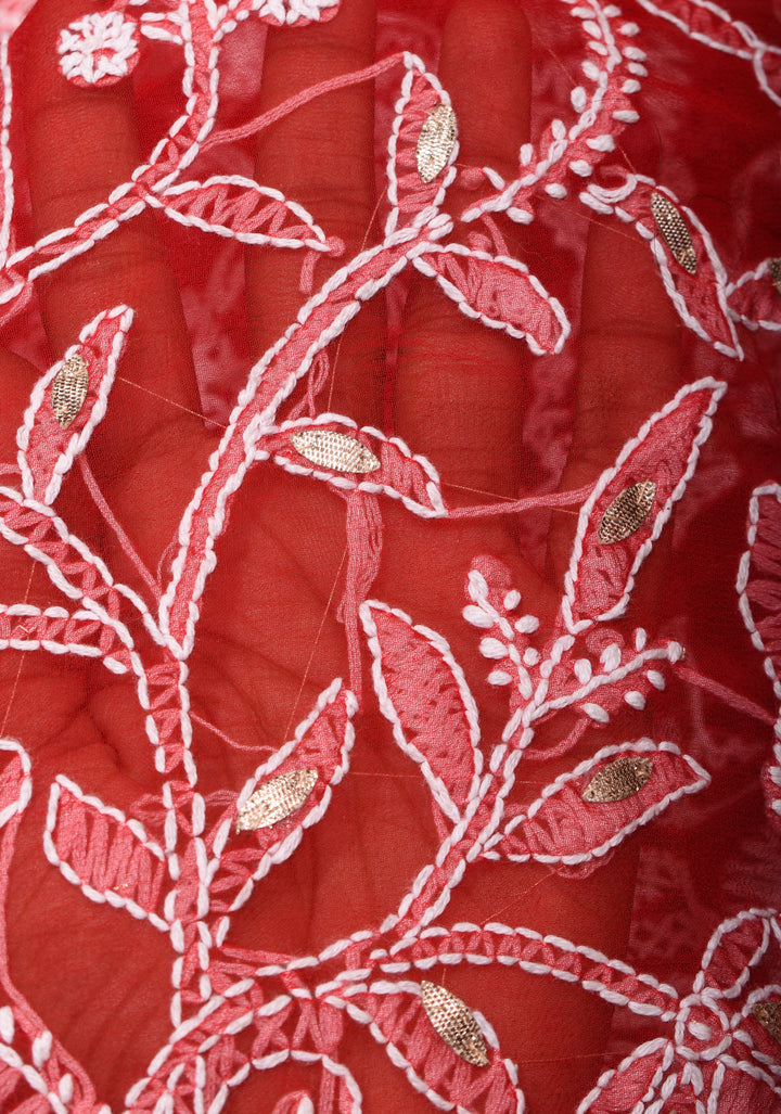 Red Hand-Embroidered Chikankari Georgette Saree with Full Jaal and Gotta Work