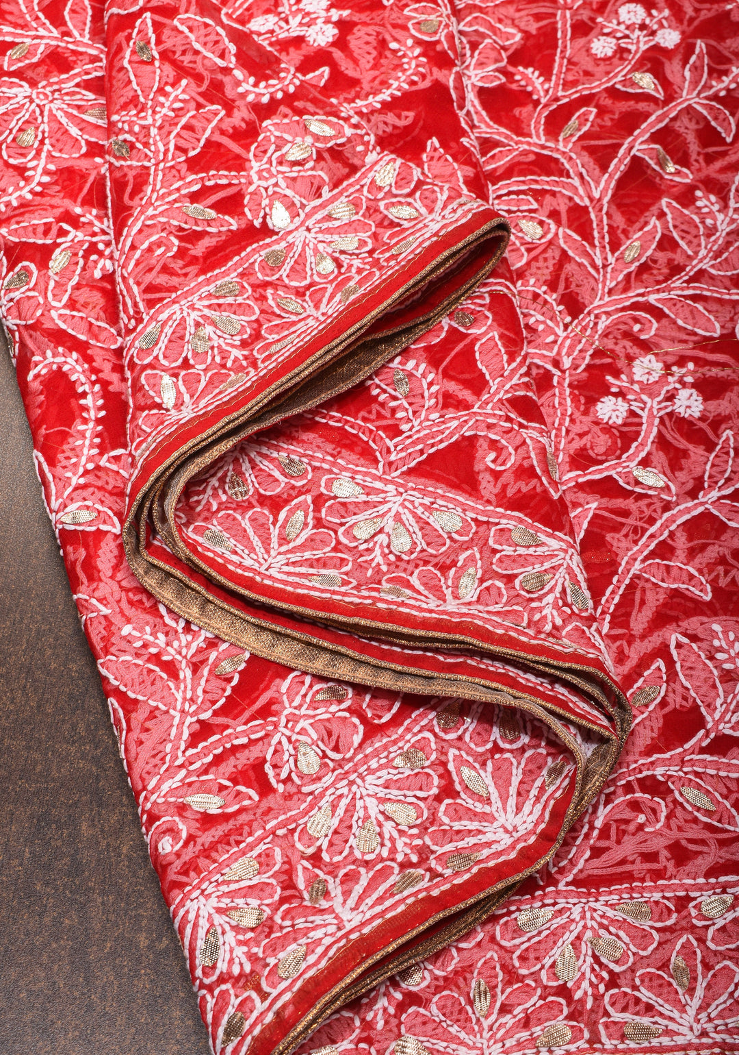 Red Hand-Embroidered Chikankari Georgette Saree with Full Jaal and Gotta Work