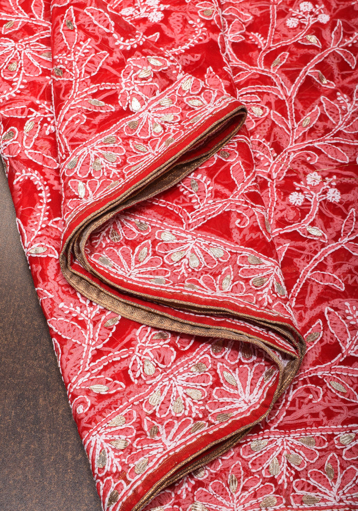 Red Hand-Embroidered Chikankari Georgette Saree with Full Jaal and Gotta Work