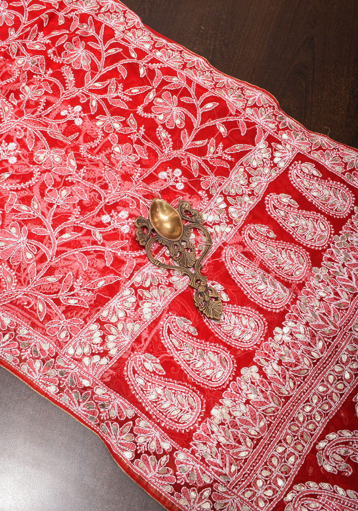 Red Hand-Embroidered Chikankari Georgette Saree with Full Jaal and Gotta Work