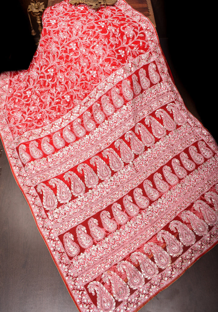 Red Hand-Embroidered Chikankari Georgette Saree with Full Jaal and Gotta Work