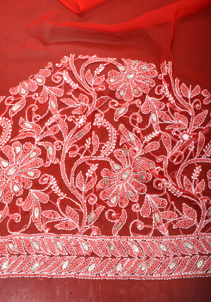 Authentic Red Hand-Embroidered Chikankari Georgette Saree with Full Jaal and Gotta Work