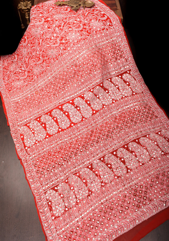 Authentic Red Hand-Embroidered Chikankari Georgette Saree with Full Jaal and Gotta Work