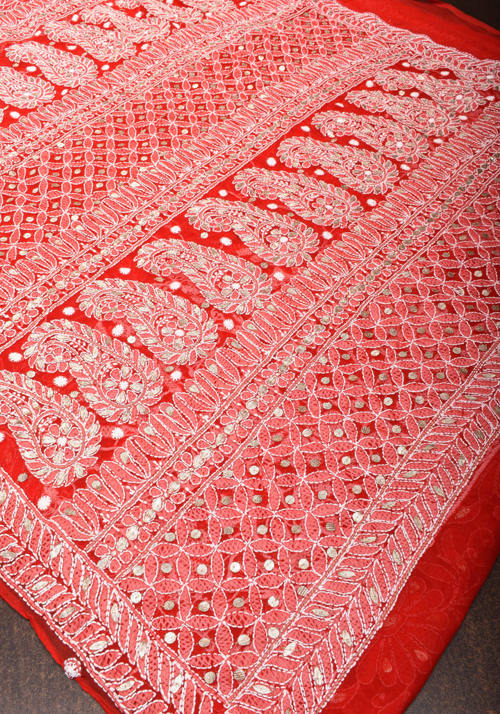 Authentic Red Hand-Embroidered Chikankari Georgette Saree with Full Jaal and Gotta Work