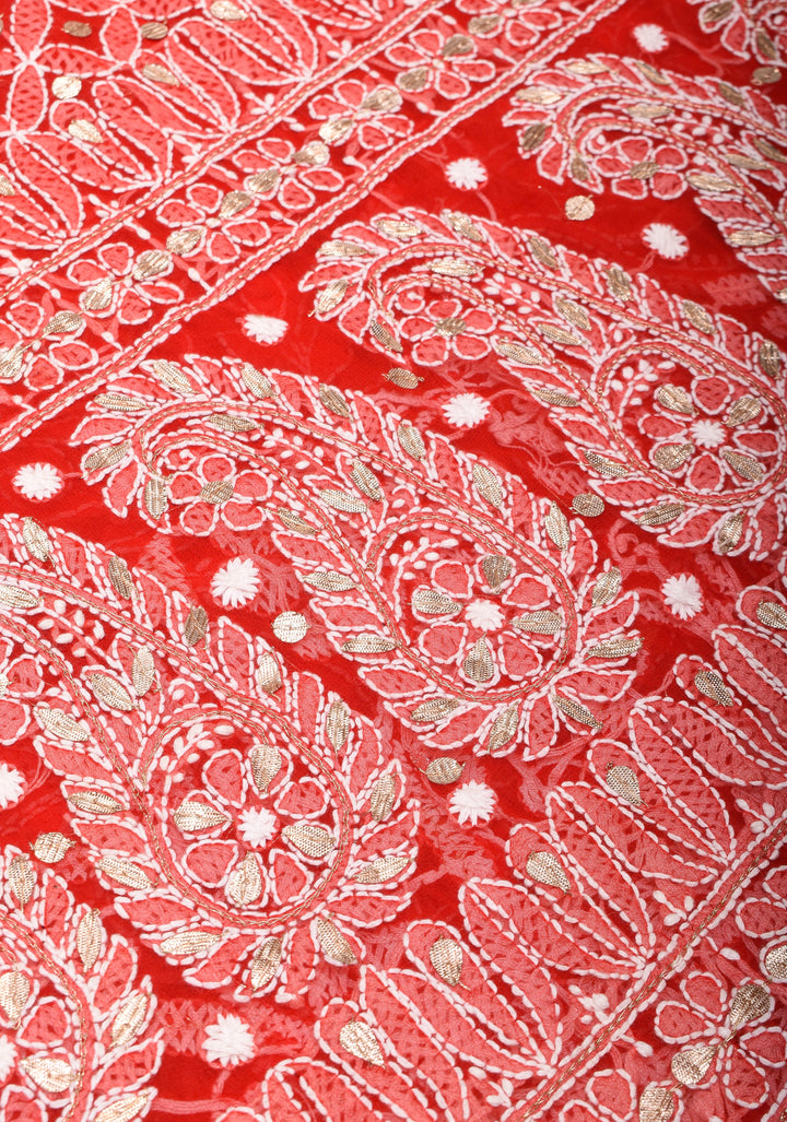 Authentic Red Hand-Embroidered Chikankari Georgette Saree with Full Jaal and Gotta Work