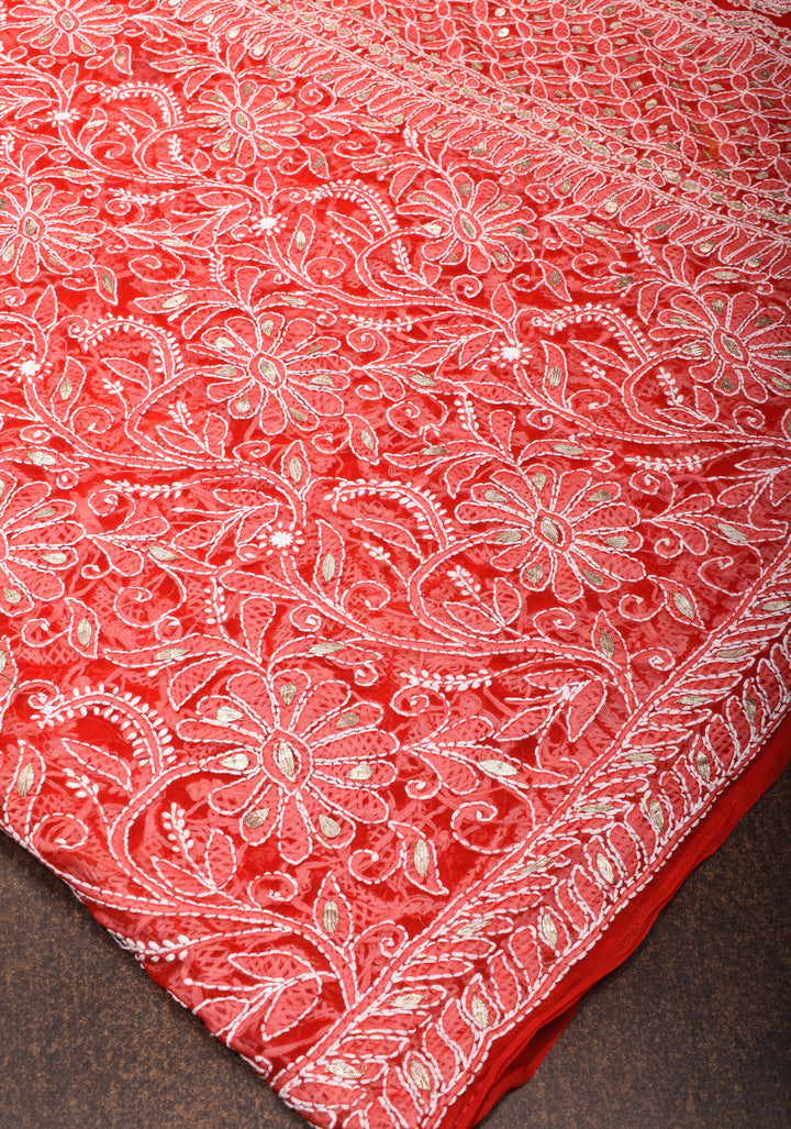 Authentic Red Hand-Embroidered Chikankari Georgette Saree with Full Jaal and Gotta Work
