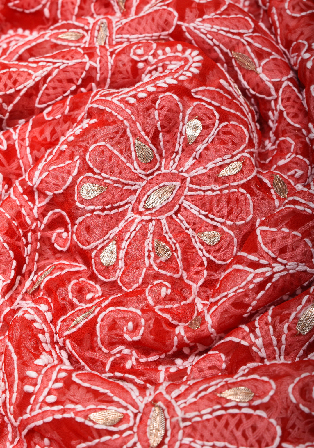 Authentic Red Hand-Embroidered Chikankari Georgette Saree with Full Jaal and Gotta Work