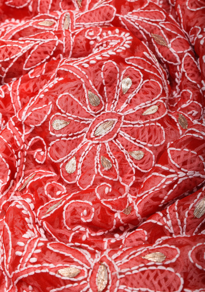 Authentic Red Hand-Embroidered Chikankari Georgette Saree with Full Jaal and Gotta Work