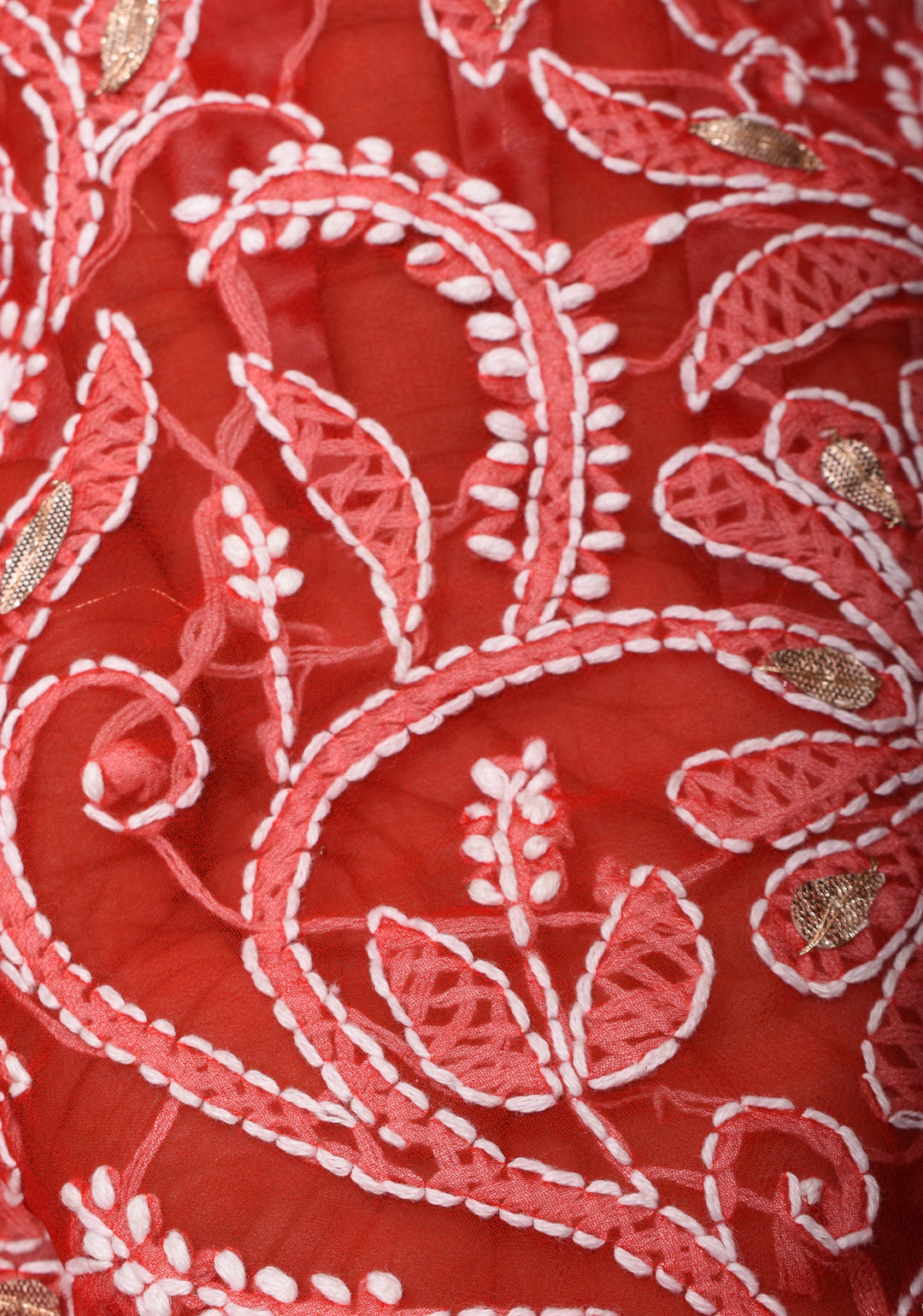 Authentic Red Hand-Embroidered Chikankari Georgette Saree with Full Jaal and Gotta Work