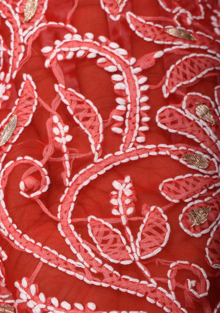 Authentic Red Hand-Embroidered Chikankari Georgette Saree with Full Jaal and Gotta Work
