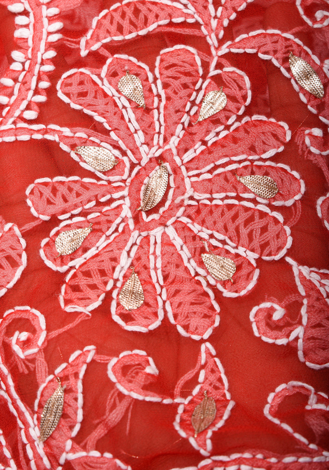 Authentic Red Hand-Embroidered Chikankari Georgette Saree with Full Jaal and Gotta Work