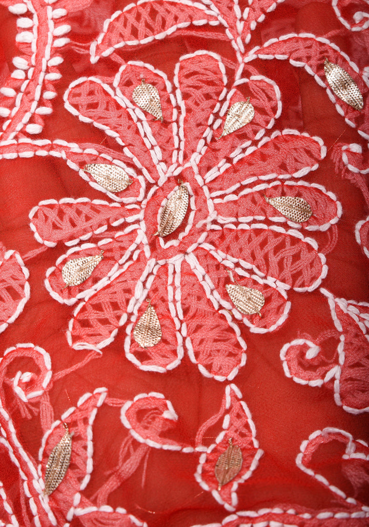 Authentic Red Hand-Embroidered Chikankari Georgette Saree with Full Jaal and Gotta Work