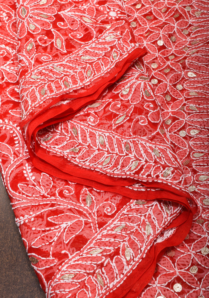 Authentic Red Hand-Embroidered Chikankari Georgette Saree with Full Jaal and Gotta Work