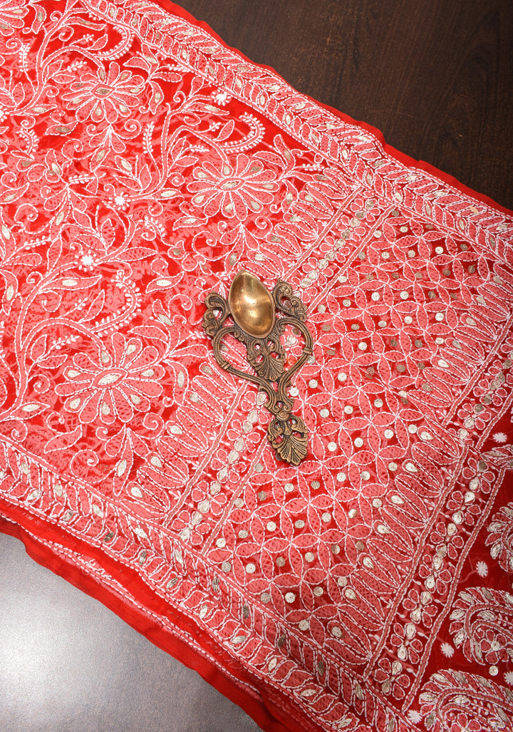 Authentic Red Hand-Embroidered Chikankari Georgette Saree with Full Jaal and Gotta Work