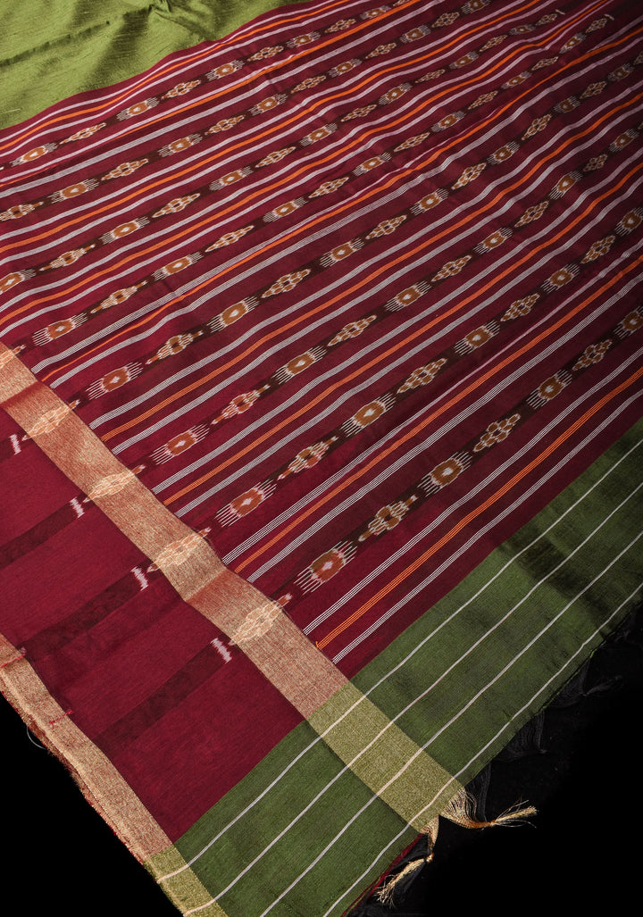 Raw Silk  Saree in Green with Temple Border and Ikkat design Pallu| SILK MARK CERTIFIED