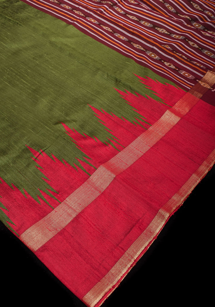 Raw Silk  Saree in Green with Temple Border and Ikkat design Pallu| SILK MARK CERTIFIED
