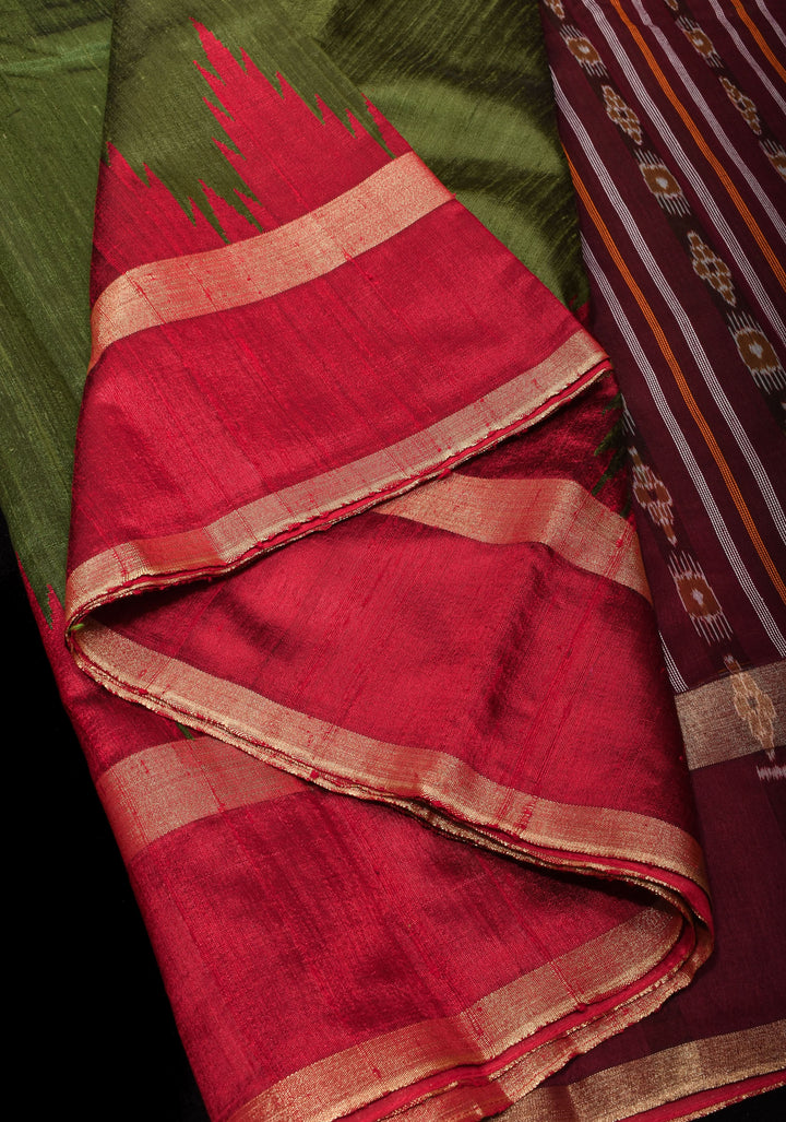 Raw Silk  Saree in Green with Temple Border and Ikkat design Pallu| SILK MARK CERTIFIED