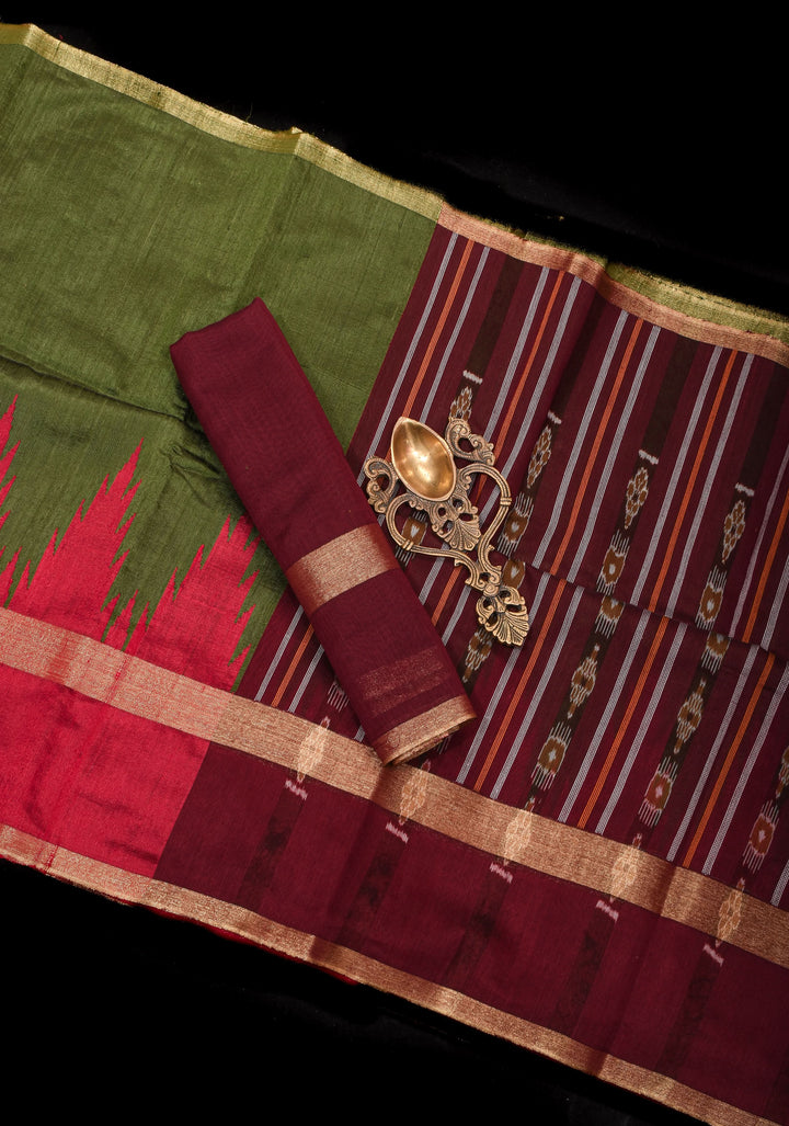 Raw Silk  Saree in Green with Temple Border and Ikkat design Pallu| SILK MARK CERTIFIED