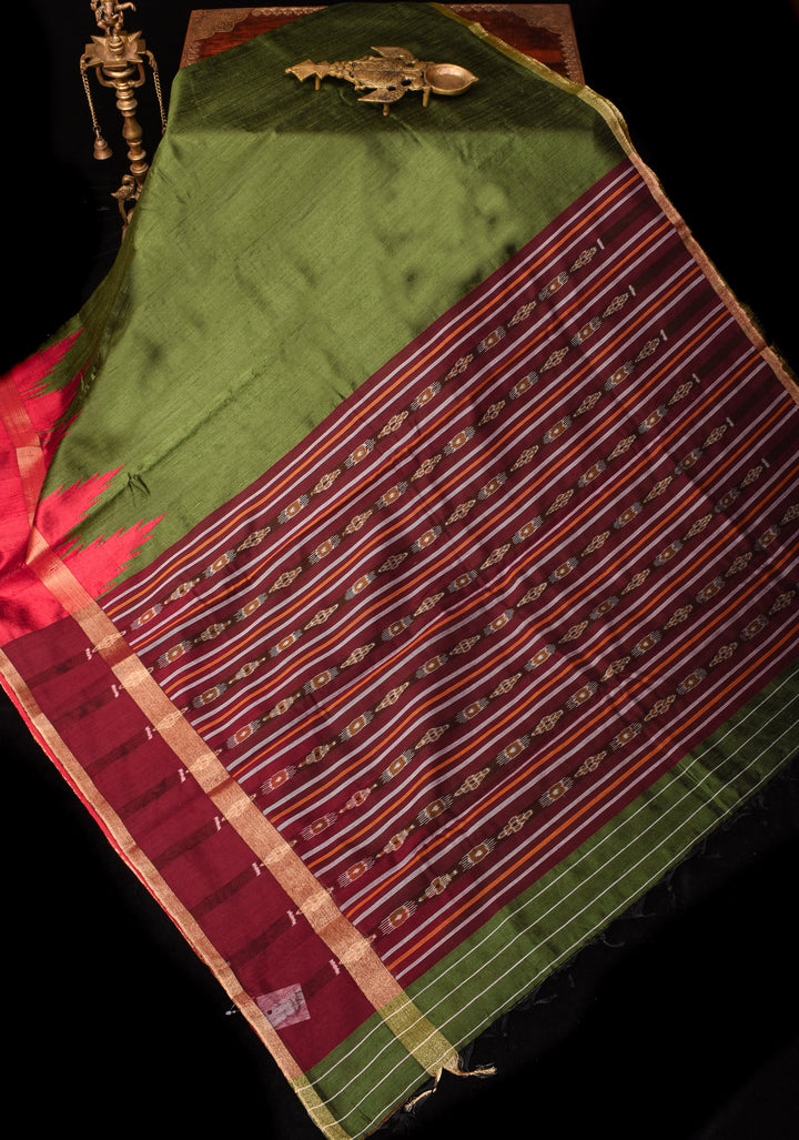 Raw Silk  Saree in Green with Temple Border and Ikkat design Pallu| SILK MARK CERTIFIED