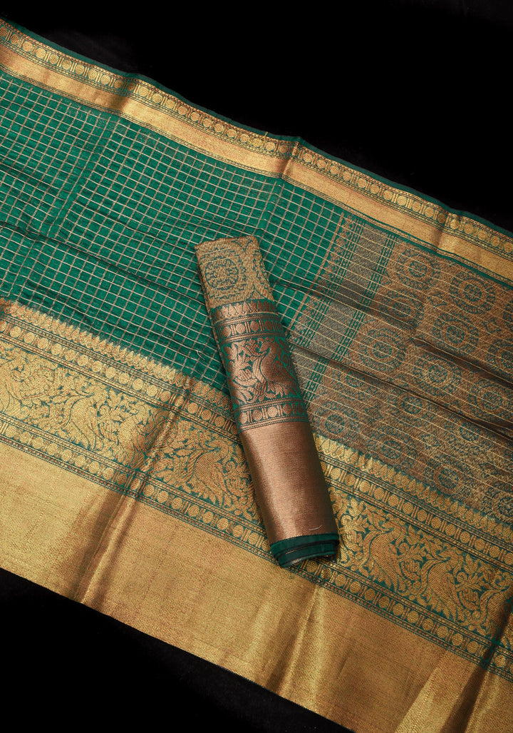 Blue Kanchi Kora Cotton Saree with Zari Checks and Wide Zari Border | SHOBITAM