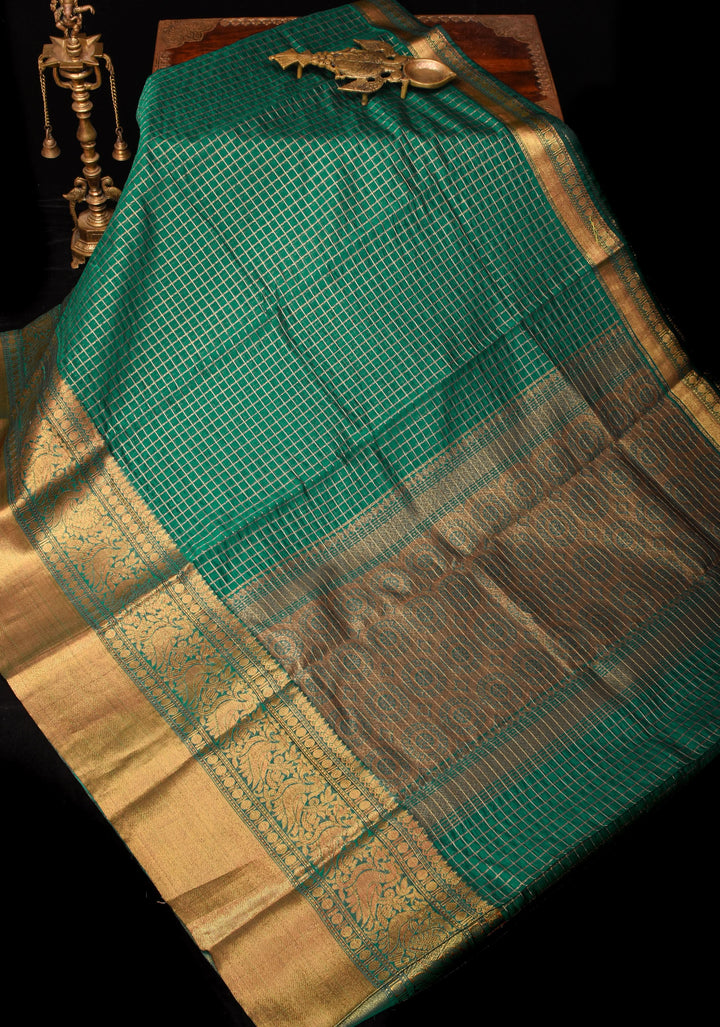 Blue Kanchi Kora Cotton Saree with Zari Checks and Wide Zari Border | SHOBITAM