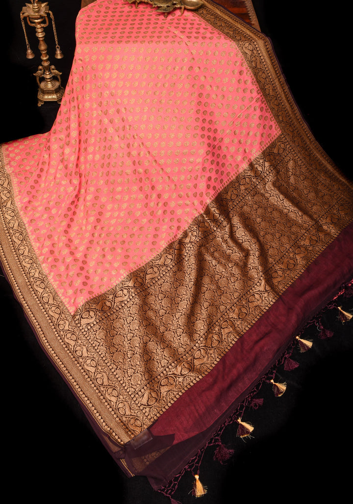Peach Banarasi Georgette with Zari Motifs on body and Contrast Zari Border | SILK MARK CERTIFIED