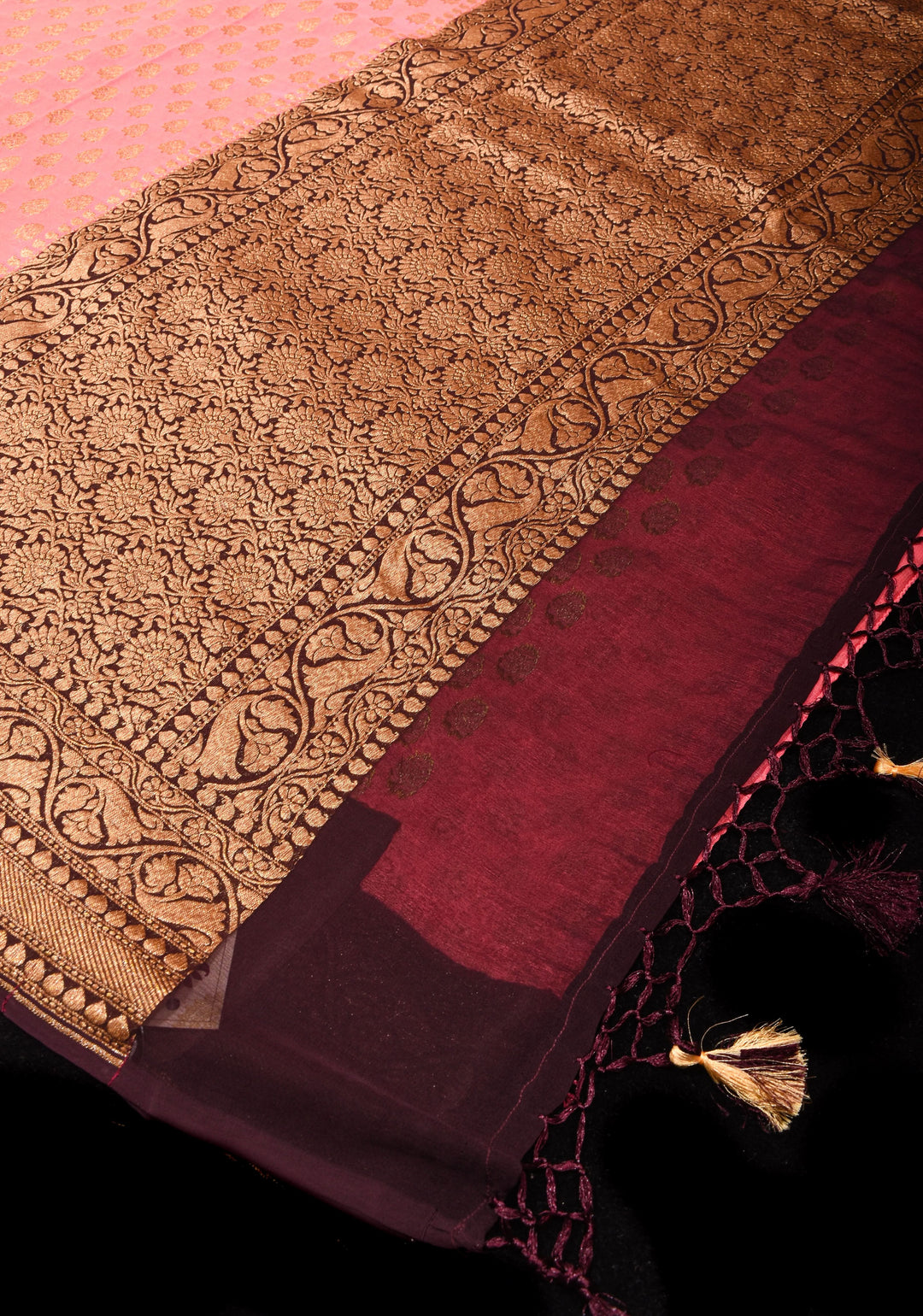 Peach Banarasi Georgette with Zari Motifs on body and Contrast Zari Border | SILK MARK CERTIFIED