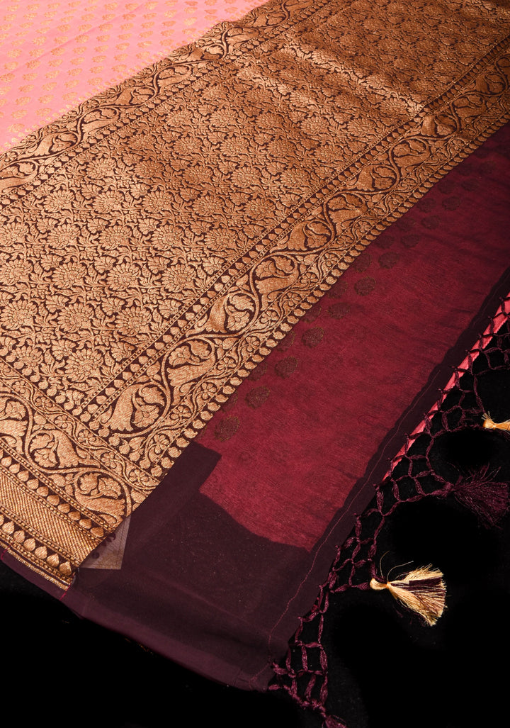 Peach Banarasi Georgette with Zari Motifs on body and Contrast Zari Border | SILK MARK CERTIFIED