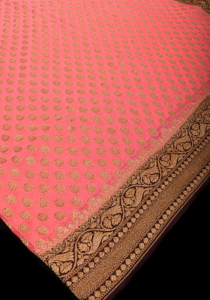 Peach Banarasi Georgette with Zari Motifs on body and Contrast Zari Border | SILK MARK CERTIFIED