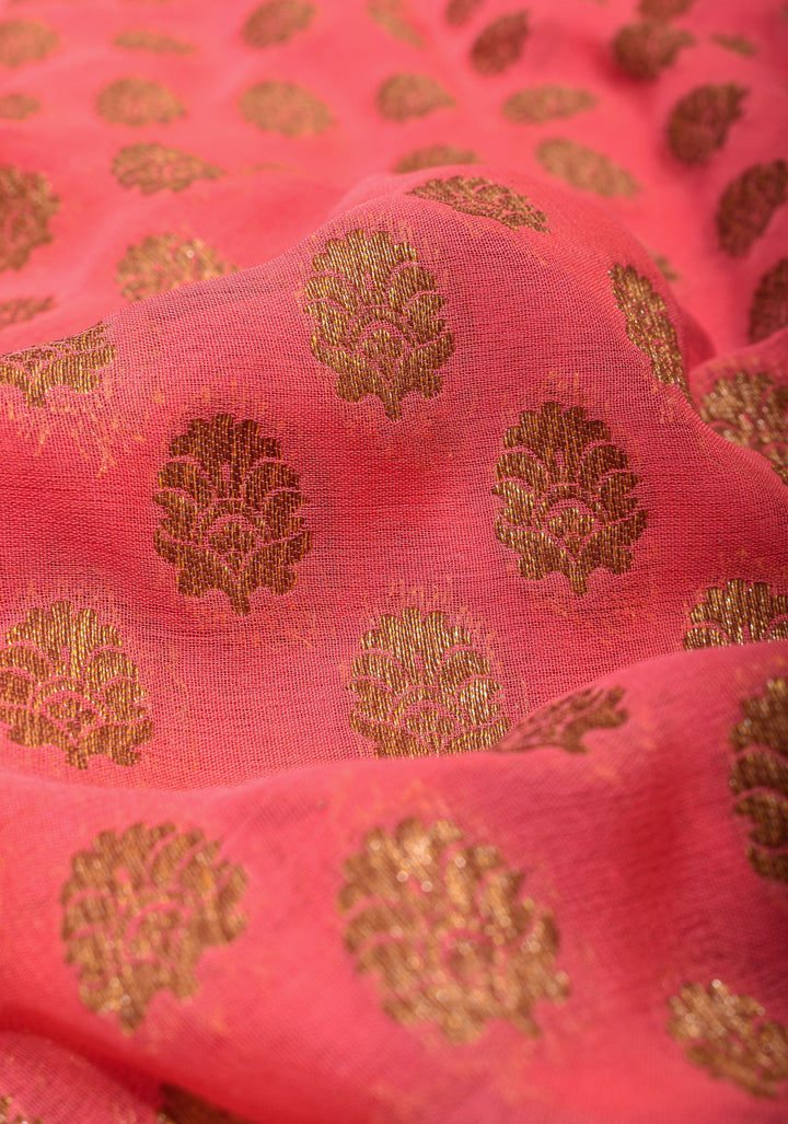 Peach Banarasi Georgette with Zari Motifs on body and Contrast Zari Border | SILK MARK CERTIFIED