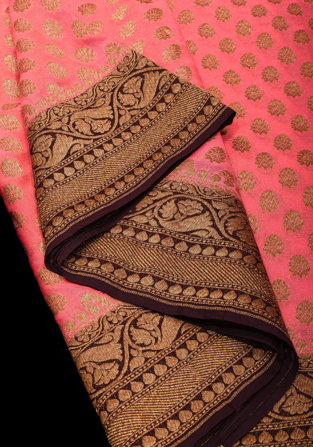 Peach Banarasi Georgette with Zari Motifs on body and Contrast Zari Border | SILK MARK CERTIFIED