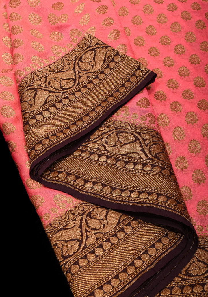 Peach Banarasi Georgette with Zari Motifs on body and Contrast Zari Border | SILK MARK CERTIFIED