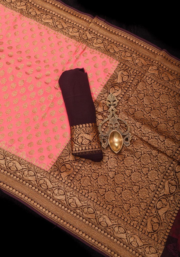 Peach Banarasi Georgette with Zari Motifs on body and Contrast Zari Border | SILK MARK CERTIFIED