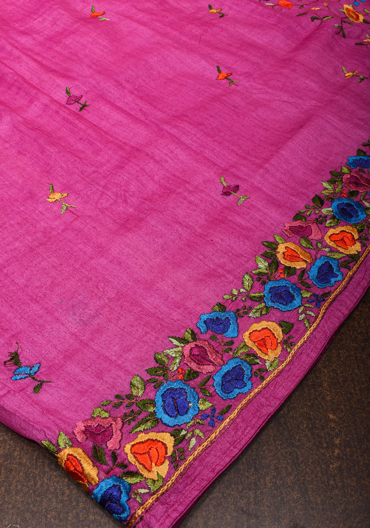 Magenta Pure Gachi Tussar Silk Saree with Hand Embroidery |CERTIFIED SILK