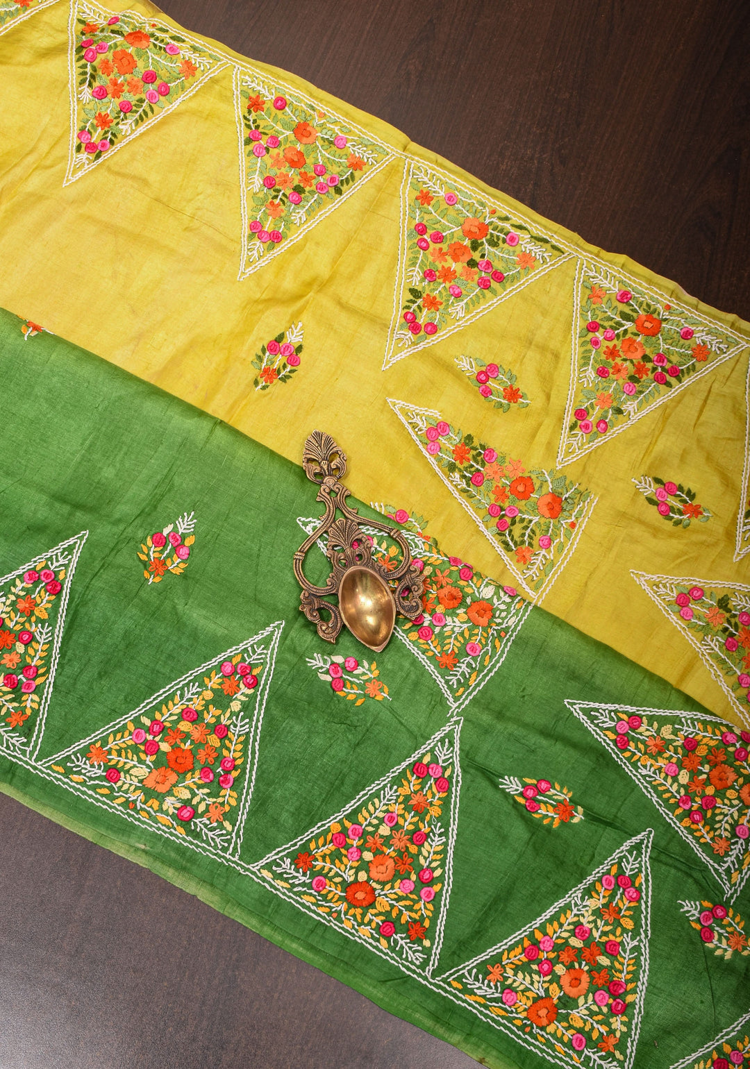 Green Ombre Gachi Tussar Silk Saree with Hand Embroidery | CERTIFIED SILK