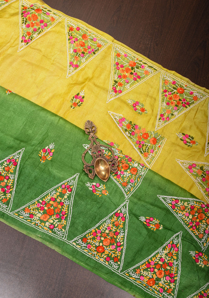 Green Ombre Gachi Tussar Silk Saree with Hand Embroidery | CERTIFIED SILK