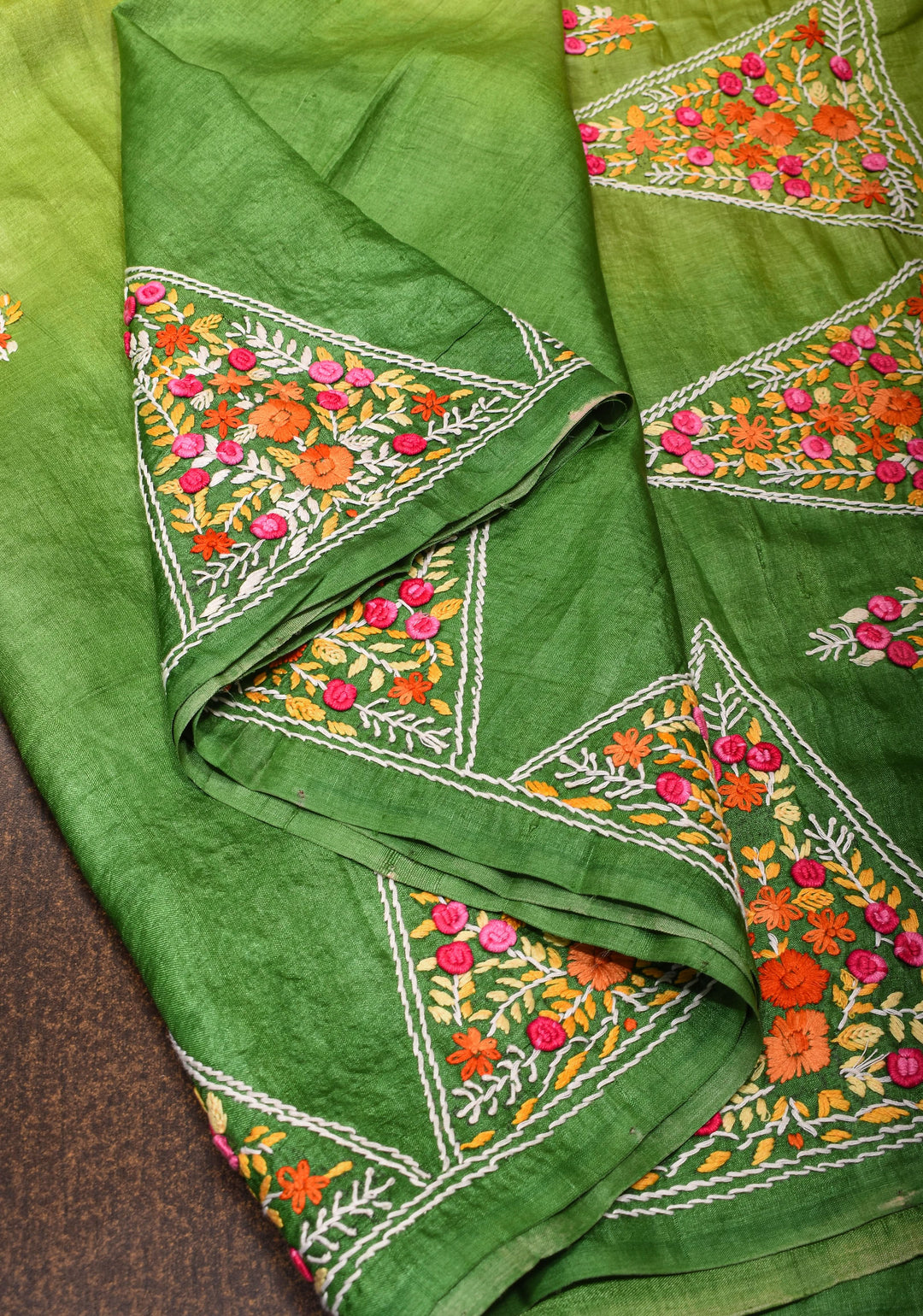 Green Ombre Gachi Tussar Silk Saree with Hand Embroidery | CERTIFIED SILK