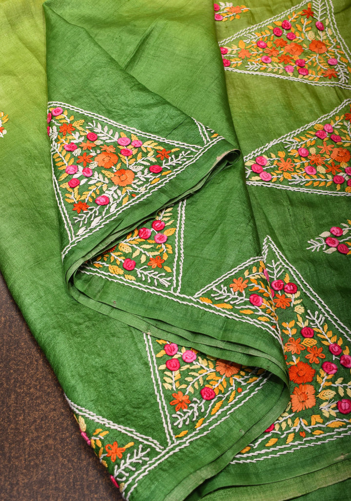 Green Ombre Gachi Tussar Silk Saree with Hand Embroidery | CERTIFIED SILK