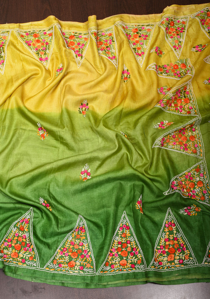 Green Ombre Gachi Tussar Silk Saree with Hand Embroidery | CERTIFIED SILK